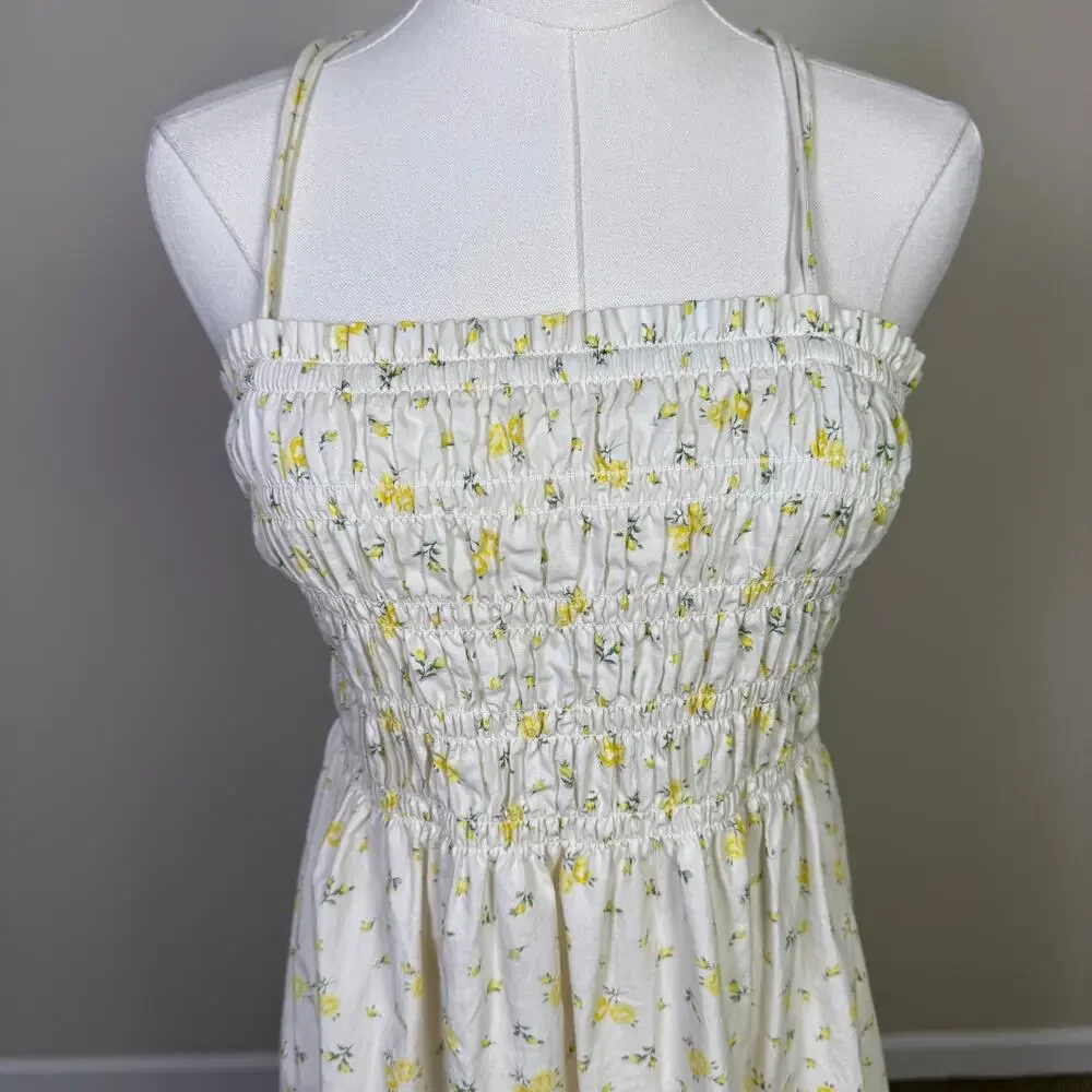 Divided by H&M White Smocked Bodice Floral Cotton Mini Dress US Womens L - Picture 4 of 9